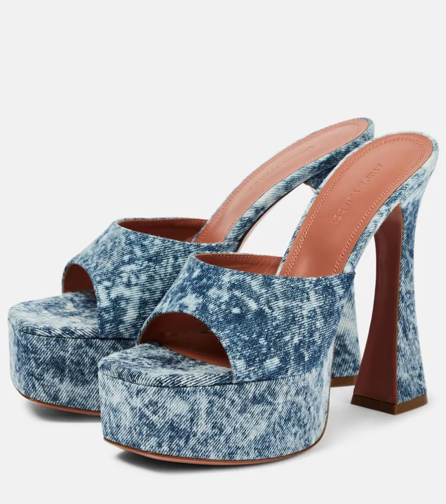 Amina Muaddi Dalida denim platform mules
