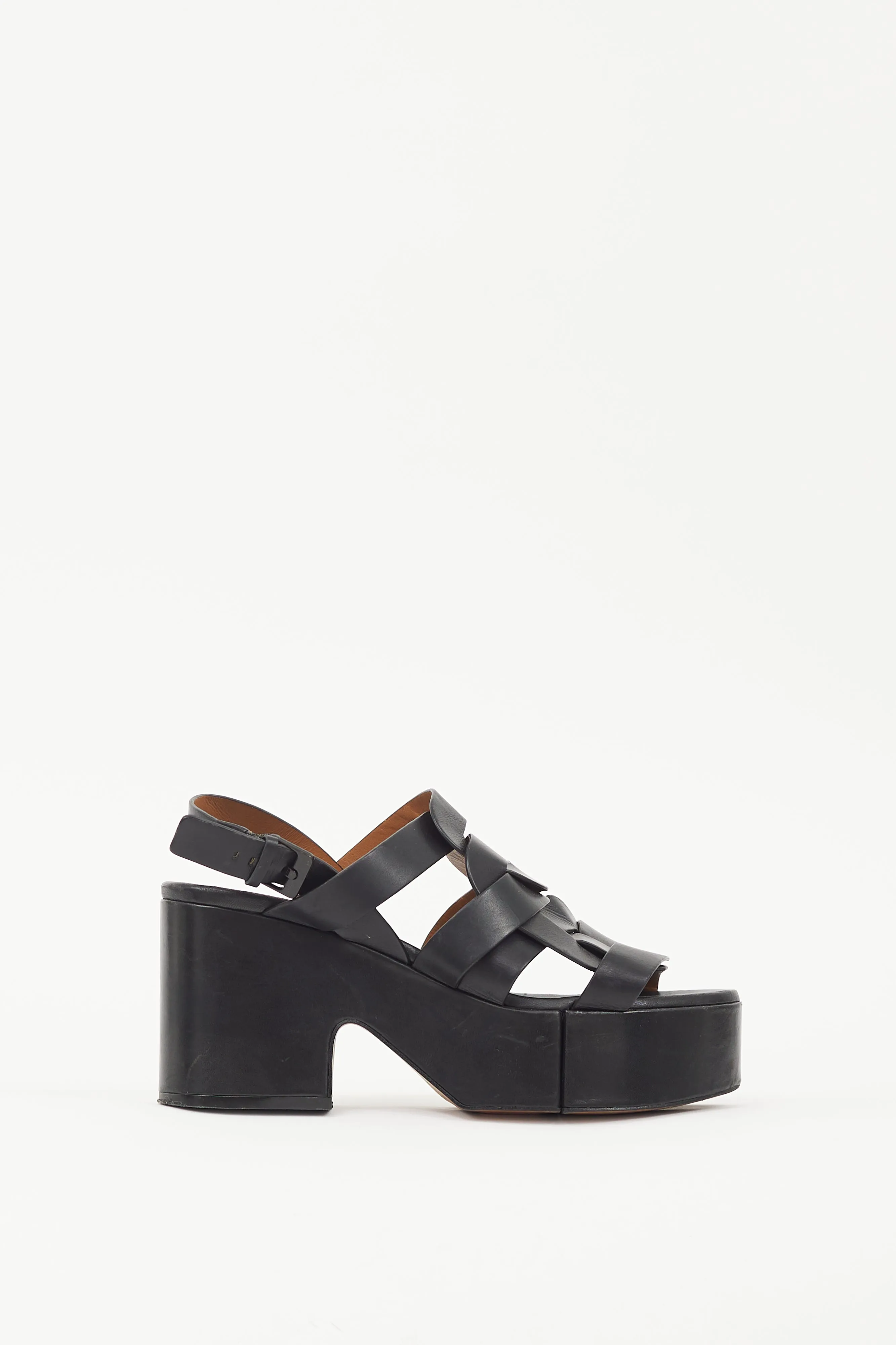 Black Leather Casey Woven Platform Sandal