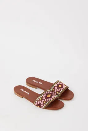 Brown & Multicolour Embroidered Leather Sandal
