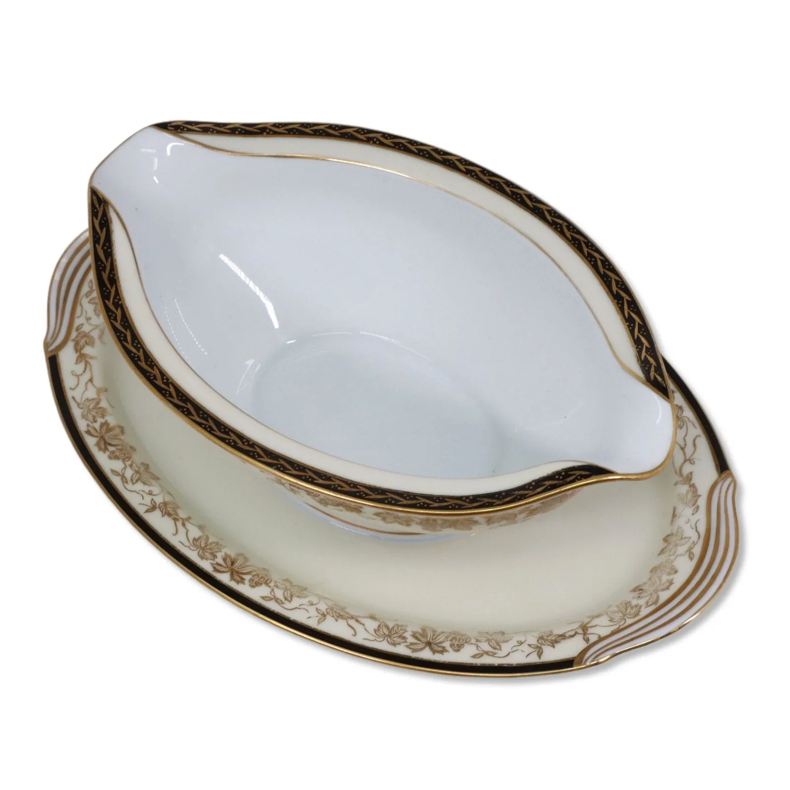 Noritake Bordeaux 5496 Gravy Boat Attached Underplate Black Band Gold Rim 1950's