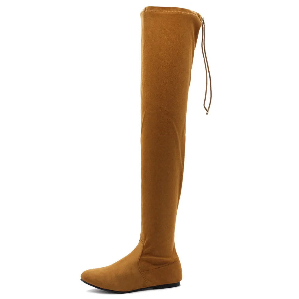 Ollio Women Shoe Adjustable Drawstring Span Faux Suede Faux Leather Thigh-High Zip Up Long Boots