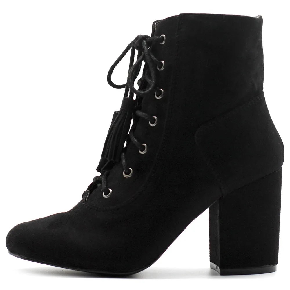 Ollio Women's Shoe Faux Suede Tessle Lace Up Stacked High Heel Ankle Boots