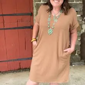 Panhandle Ladies Camel T-Shirt Dress With Rolled Sleeves
