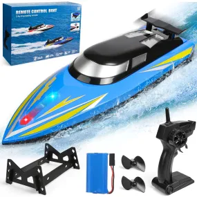 RC Boat for Adults & Kids, Fast Remote Control Boat with Led Lights for Pools and Lakes, 2.4Ghz High Speed RC Boat with Rechargeable Battery, Racing Boat for Kids Gifts for Boys Girls Aged 5 